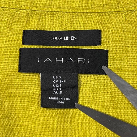 TAHARI SM 100% Linen Chartreuse Tunic Top 3/4 Sleeve Popover Blouse Lagenlook - Picture 2 of 8